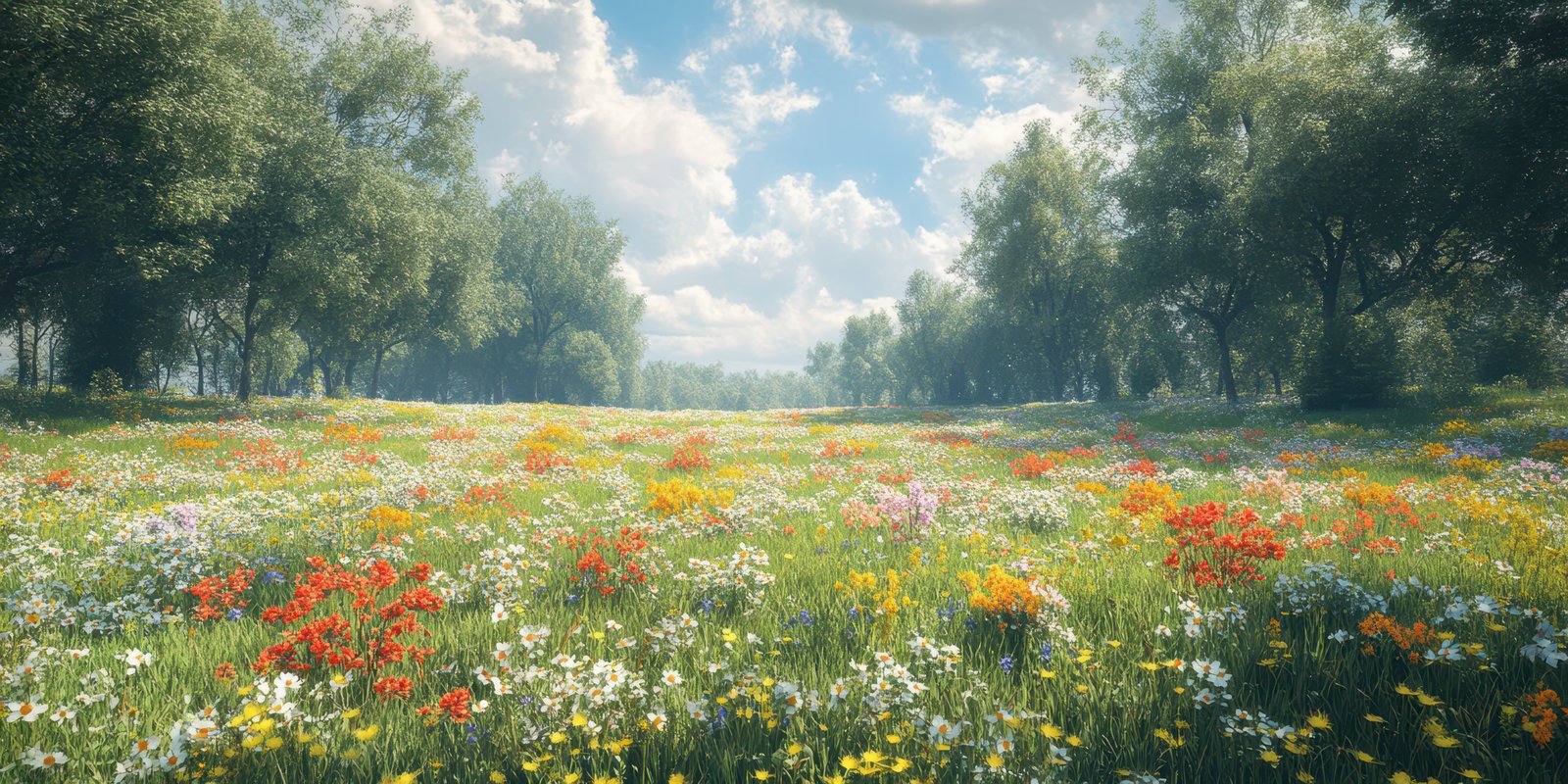 Vibrant wildflower meadow under a sunny sky with lush greenery and scattered clouds during midday in early summer